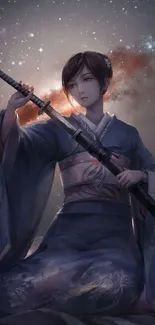 Samurai warrior holding katana in a serene fantasy scene.