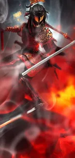 Samurai warrior amidst flames and smoke in dynamic wallpaper.