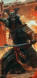 Samurai warrior in an intense battle scene with fire and action.