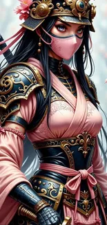 A female samurai in pink armor with cherry blossoms around her.