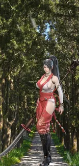 Female samurai warrior with sword in forest path.