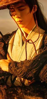 Samurai warrior in golden light, holding a sword and wearing traditional attire.