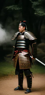 Samurai warrior stands poised in a mystical forest, clad in traditional armor.