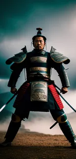 Samurai warrior standing in armor with stormy sky background.