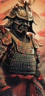 Samurai warrior in armor with red and black background.