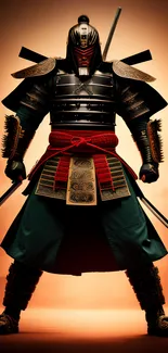 Samurai warrior in traditional armor, holding swords against an orange background.