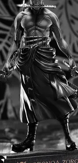 Samurai warrior statue in monochrome with dual swords and intricate armor.