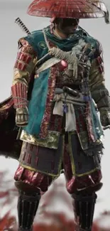 Samurai warrior standing with full armor and traditional attire.