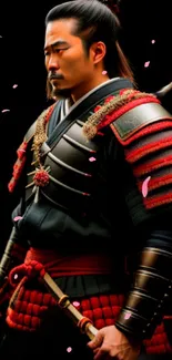 Striking samurai warrior in red armor against a black backdrop.