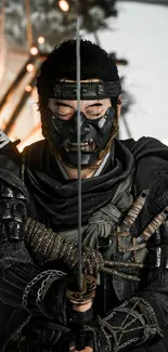 Samurai warrior in dark armor holding a sword in a focused pose.