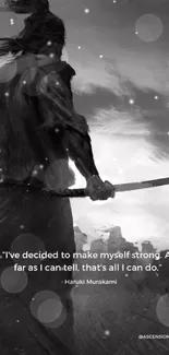 Black and white samurai warrior with a katana and a quote by Haruki Murakami.