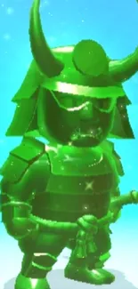 Green samurai warrior on a blue gradient background.