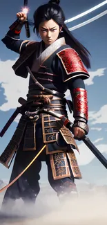 Samurai warrior in traditional armor with swords in a dynamic pose.