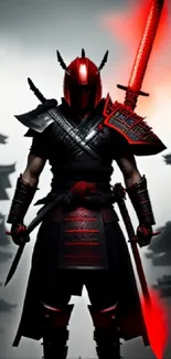 Samurai warrior standing tall with glowing red sword.