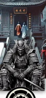 Samurai in armor before temple gateway.