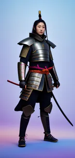 Samurai warrior in full armor posing against a blue gradient background.