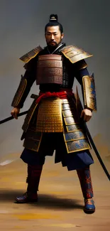 Samurai warrior in traditional armor with a sword, standing poised for battle.