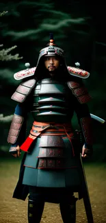 Samurai warrior in traditional armor stands in a dark forest setting.