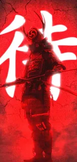 Neon samurai with red glow on dark cracked background.