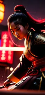 Samurai warrior with neon lights in a dramatic night scene.