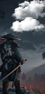 Samurai warrior standing in a night landscape with dark blue sky.