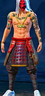 Samurai warrior with tattoos, in traditional armor, vibrant mobile wallpaper.