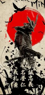 Samurai warrior with red sun background art.