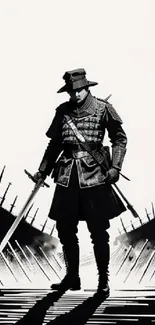 Monochrome samurai warrior art in black and white, shadow effect.