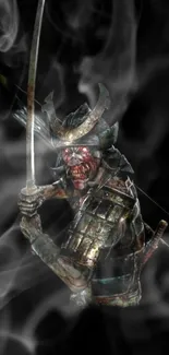 Samurai warrior in smoke with a sword on dark background.