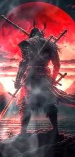 Samurai warrior stands under a red moon, dressed in armor, holding swords.