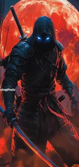 Samurai warrior with glowing eyes and red moon.