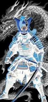 Samurai warrior with dragon background.
