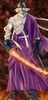 Samurai in purple robe holding a fiery sword with flames.