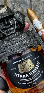 Samurai helmet whiskey bottle with cigar.