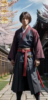 Samurai warrior under cherry blossoms in traditional attire.