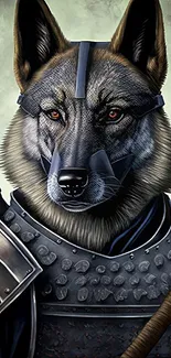 Samurai wolf in armor art wallpaper with a mystical backdrop.