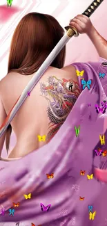 Samurai woman with dragon tattoo and sword surrounded by colorful butterflies.