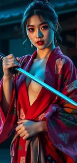 Woman in red kimono holding a katana