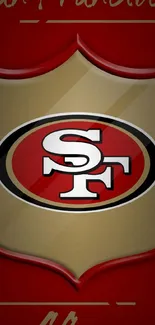 San Francisco 49ers logo on red background.