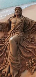 Intricate sand sculpture on a beach, captured as a mobile wallpaper.