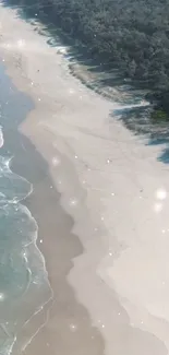 Aerial view of a serene beach with soft sand and gentle waves.