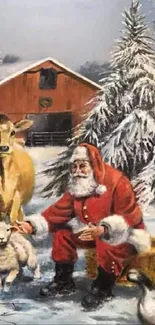 Santa Claus with farm animals in a snowy winter scene by a barn.