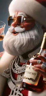 Santa Claus enjoying a festive drink with dazzling jewelry and holiday flair.