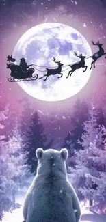 Polar bear watching Santa's sleigh fly across a full moon in a snowy forest.