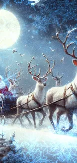 Santa with reindeer under full moon in snowy landscape.