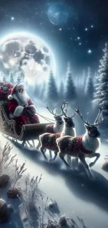 Santa in sleigh with reindeer under a bright full moon in a snowy landscape.