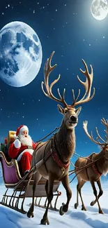 Santa's sleigh with reindeer under a moonlit sky
