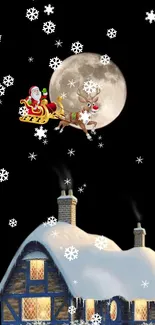 Santa's sleigh flies under a bright moon with snowflakes on a cottage background.