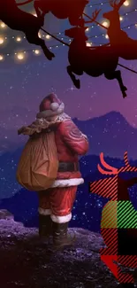 Santa in red suit with reindeer against starry purple night sky.