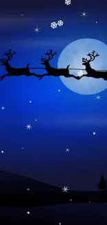 Santa's sleigh silhouette against a blue, starry and moonlit night sky wallpaper.